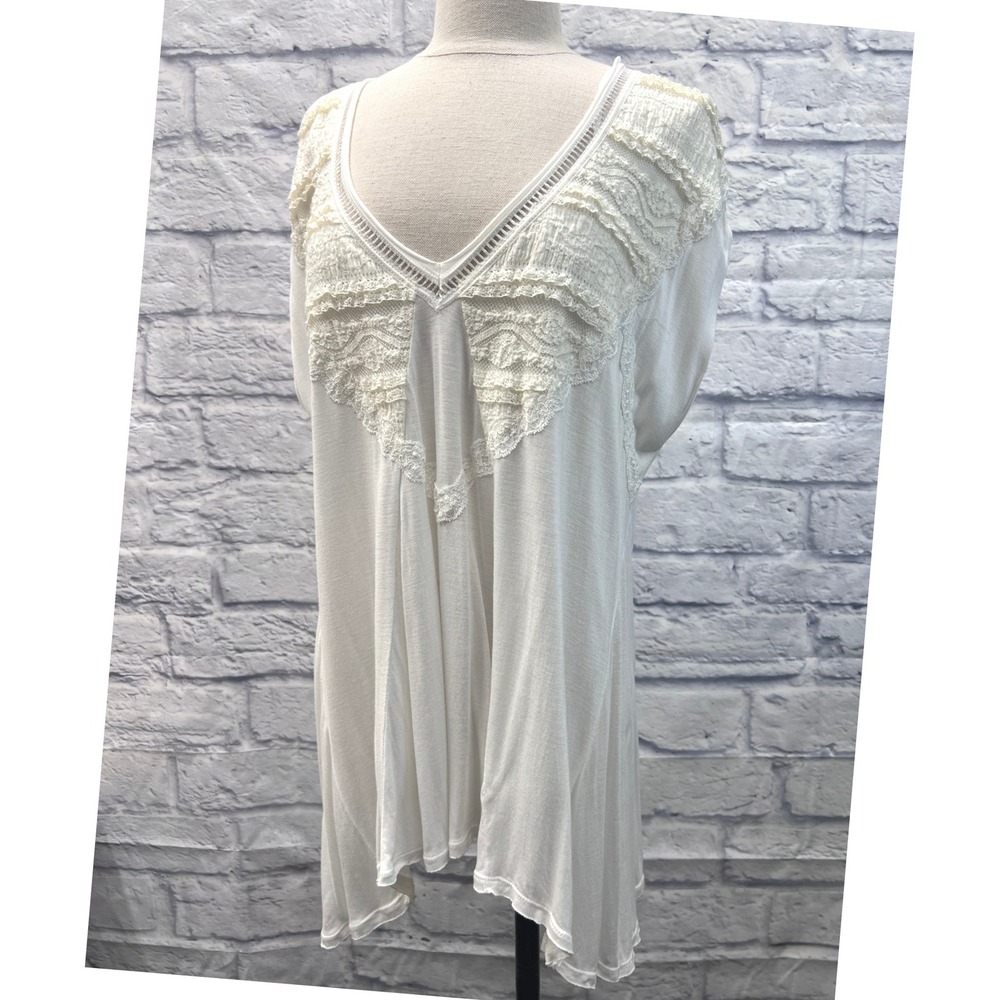 Free People Tunic Top Womens L White Good Lace Crochet V-Neck Boho Flowy